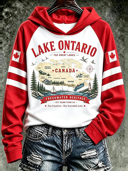Cardydony Women's Retro Canada Lake Ontario Print Hoodie