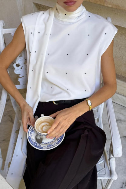 Cardydony Women's  Polka Dot Print Open Backless Stand Collar Sleeveless Ribbon Top