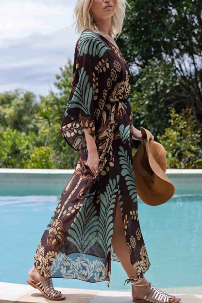 Cardydony Women's Bohemian Style Unique Printed Chiffon Loose-fitting Belted Maxi Dress