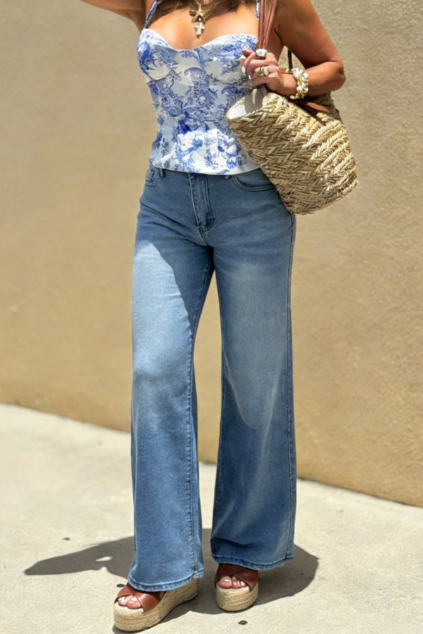 Cardydony Women's  Stylish High-waisted Pocket Casual Wide-leg Jeans