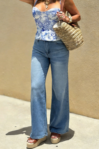Cardydony Women's  Stylish High-waisted Pocket Casual Wide-leg Jeans