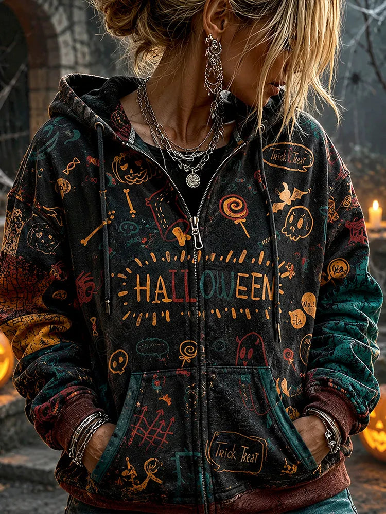 Cardydony Women's Retro Halloween Pumpkin Ghost Print Washed Distressed Long-sleeve Casual Hooded Jacket