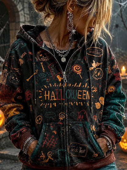 Cardydony Women's Retro Halloween Pumpkin Ghost Print Washed Distressed Long-sleeve Casual Hooded Jacket