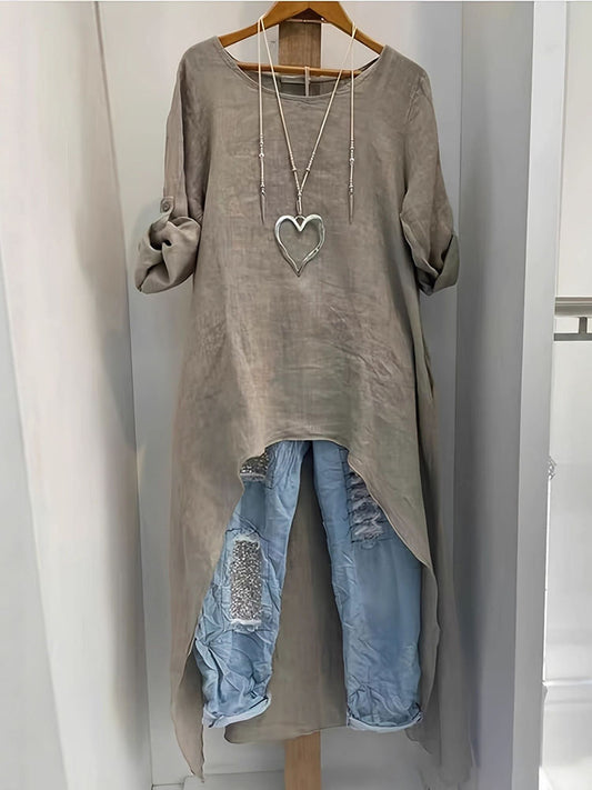 Cardydony Retro Short Front And Long Back Round Neck Loose Shirt