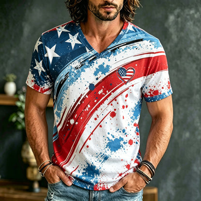 Cardydony Men's American Flag Print Cotton Linen Comfortable V-neck T-shirt