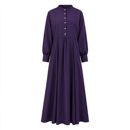 Cardydony Women's Vintage Solid Stand Collar Button Front A-Line Maxi Dress