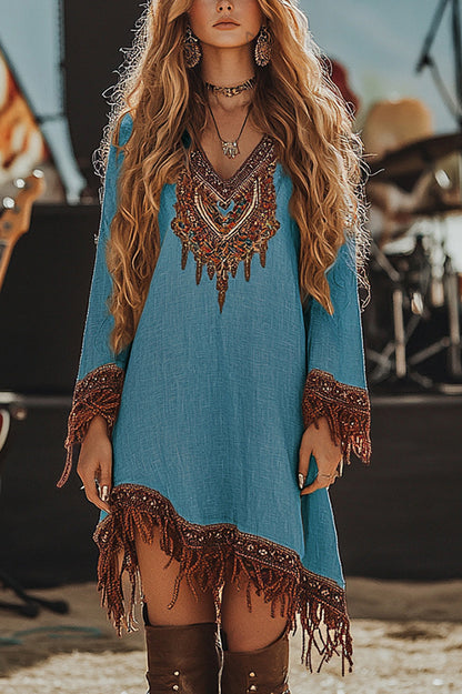 Cardydony Women's Unique Printed V-Neck Long Sleeve Fringe Loose Mini Dress
