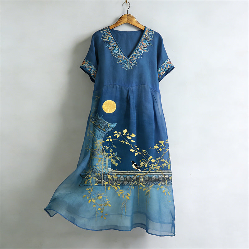 Cardydony Japanese Birds & Full Moon Scene Flowy Linen Maxi Dress