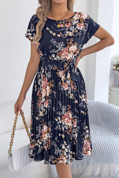 Cardydony Women's Floral Print Round Neck Fitted Waist Tie Pleated Midi Dress