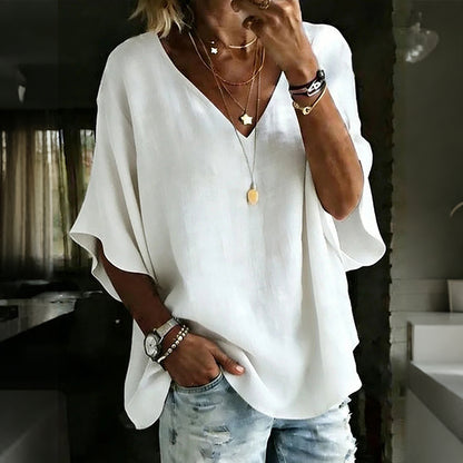 Cardydony Women's Solid Color V-neck Linen Blend Loose T-shirt
