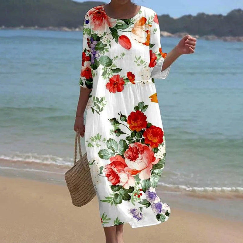 Cardydony Women's Casual Floral Art Pattern Linen Blend Loose Three-quarter Sleeve Dress