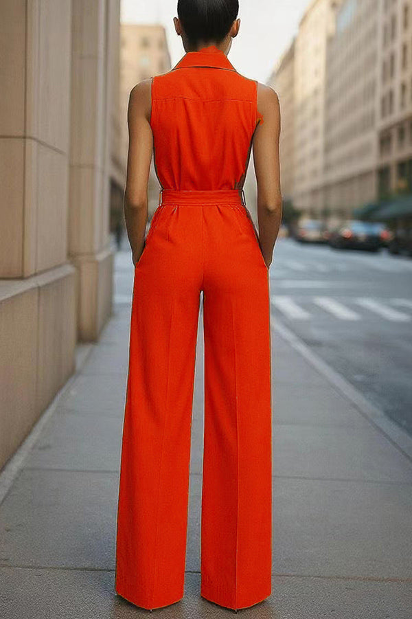 Cardydony Women's Fashion Lapel Sleeveless High Waist Tie Casual Pocket Wide Leg Jumpsuit