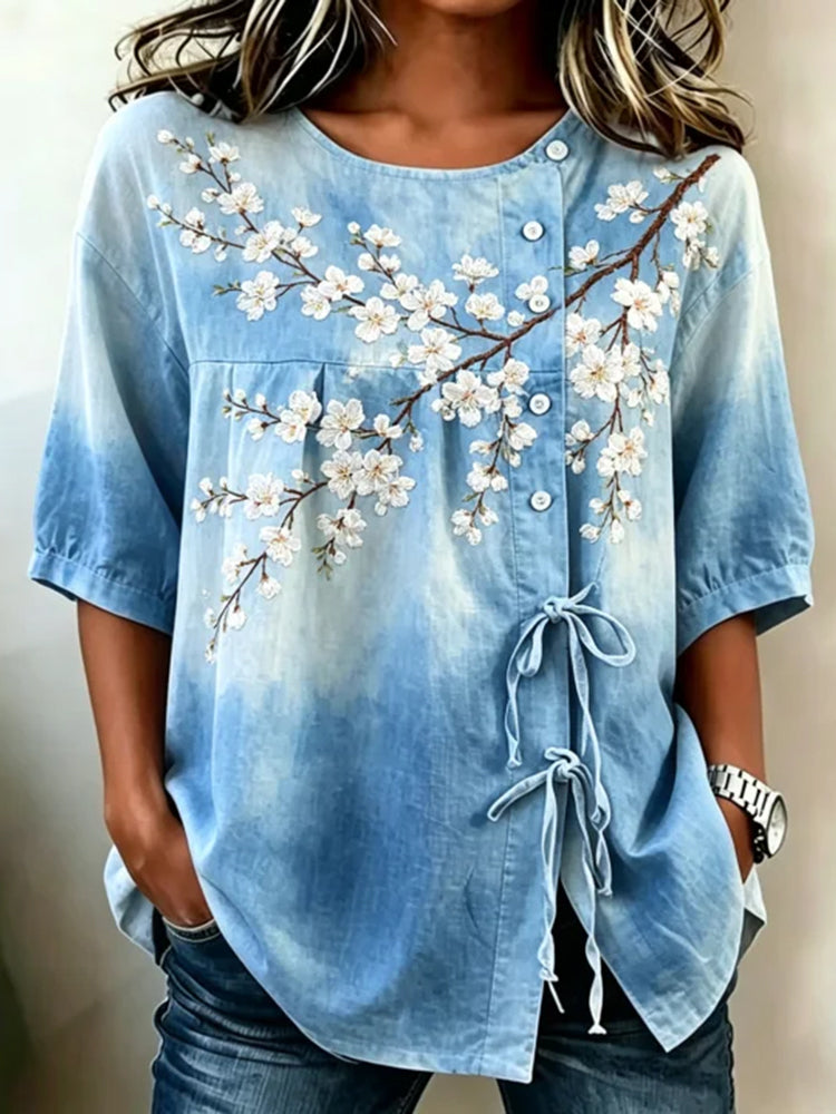 Cardydony Women's Japanese Style White Cherry Blossom Embroidered Artistic Waist Shirt