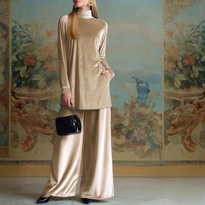 Cardydony Classy Velvet Turtleneck Slit Top & Wide Leg Pants Set