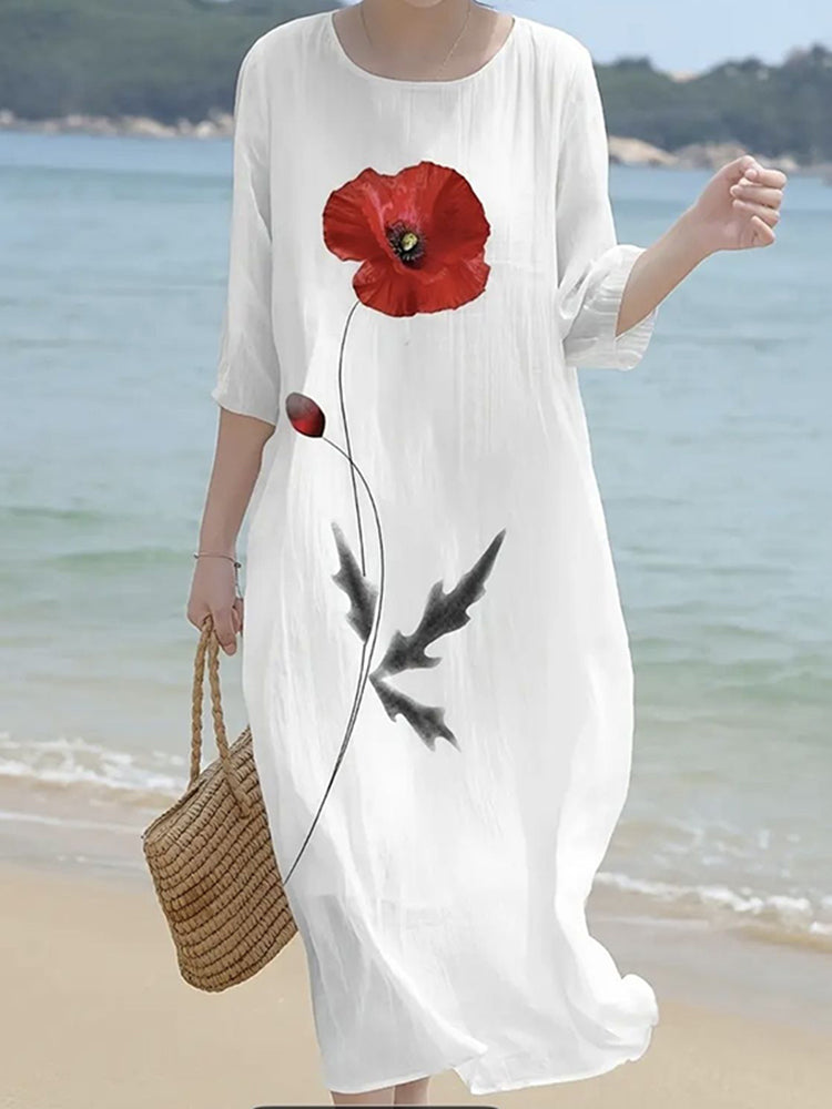 Cardydony Women's Retro Floral Art Pattern Linen Blend Loose Three-quarter Sleeve Dress