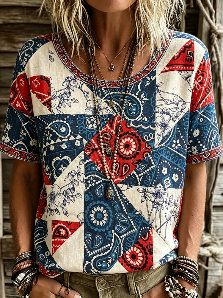 Cardydony Women's Hippie Usa Inspired Paisley Ethnic Linen Blend T-shirt