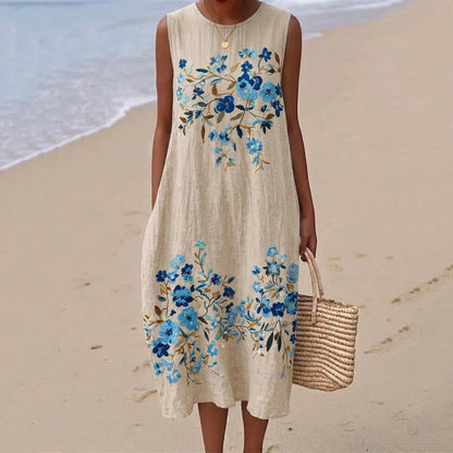 Cardydony Women's Flower Pattern Round Neck Sleeveless Loose Midi Dress