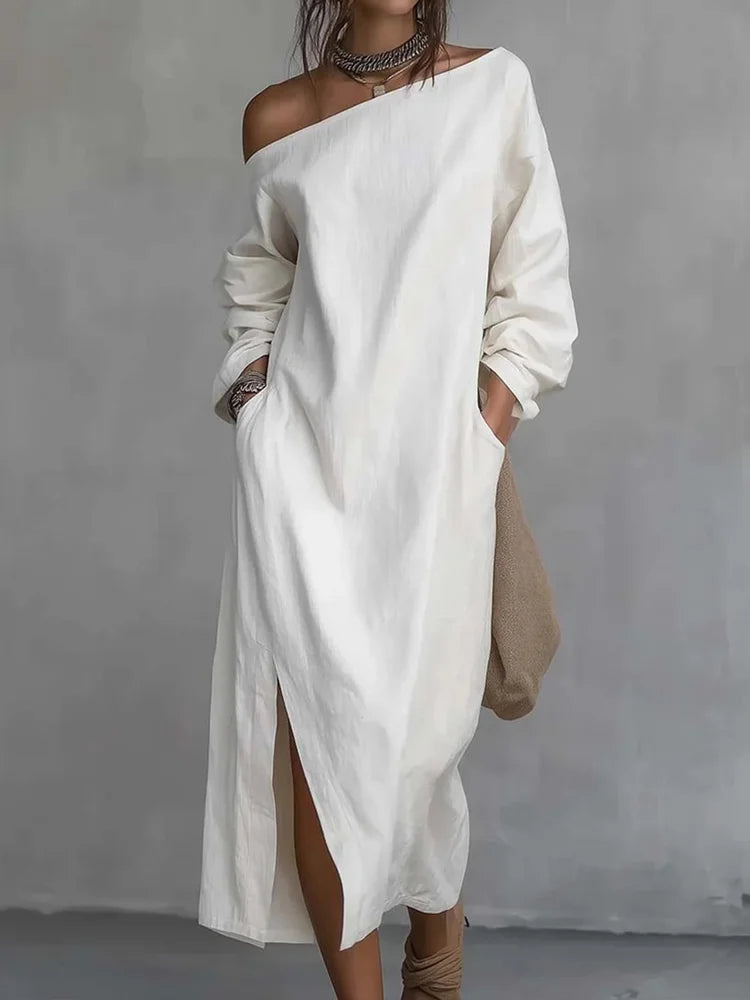 Cardydony Women's Casual Solid Color One-shoulder Cotton Linen Maxi Dress