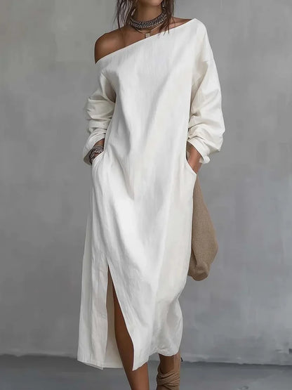 Cardydony Women's Casual Solid Color One-shoulder Cotton Linen Maxi Dress