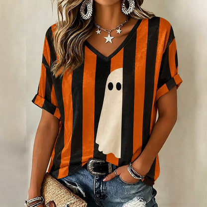 Cardydony Women's Halloween Hidden Ghost Art Striped Casual Top