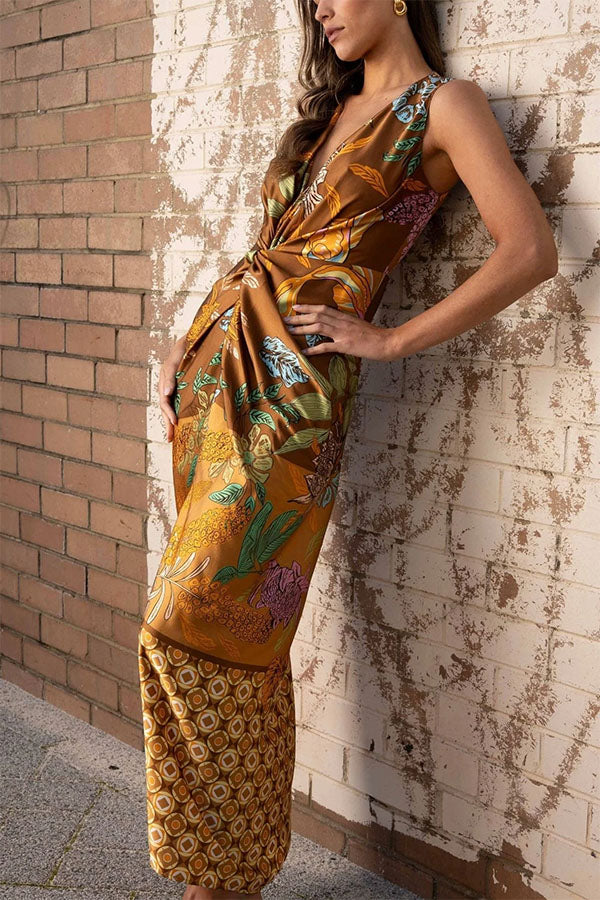 Cardydony Women's Naturally Inspired Satin Unique Floral Print Twist Waist Slit Drape Maxi Dress