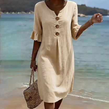 Cardydony Casual Solid-color Cotton V-neck Button Midi Dress