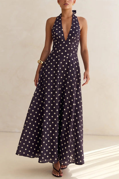 Cardydony Women's Floral Print V-neck Backless Tie-up Fitted Waist Elegant Maxi Dress
