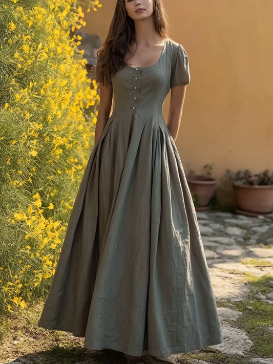 Cardydony Classic Elegant Button Up Cozy Linen Maxi Dress