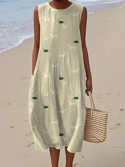 Cardydony Retro Cute Dachshund Dog Art Linen Tank Midi Dress