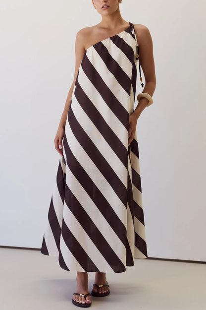 Cardydony Women's Fashionable Striped Print Loose One-shoulder Tie Vacation Maxi Dress