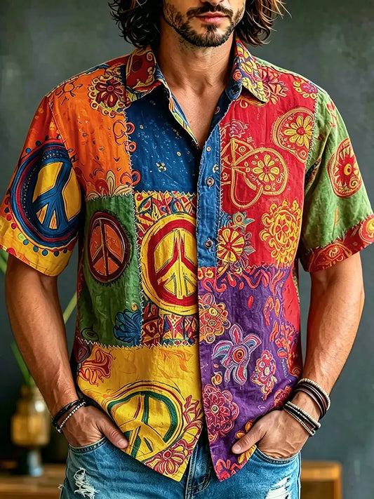 Cardydony Men's Retro Peace Logo Floral Art Color Block Print Casual Shirt