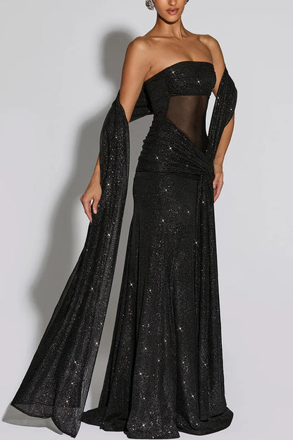 Cardydony Women's Paula Sequined Mesh and Jersey Off Shoulder Ruched Knot Drape Shawl Maxi Dress