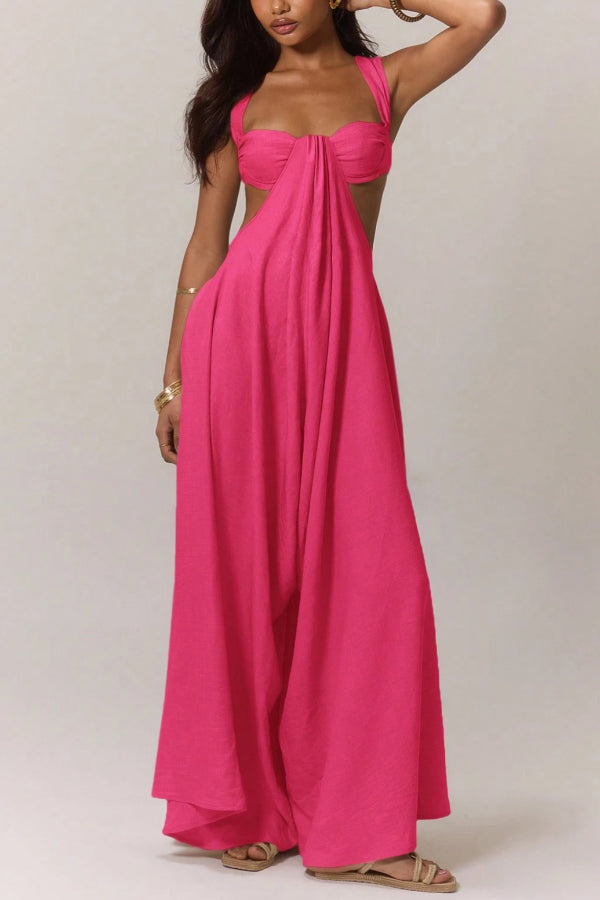 Cardydony Women's Solid Color Casual Camisole Loose Stretch Wide-leg Jumpsuit