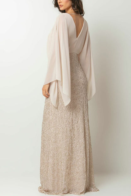 Cardydony Women's Aleina Chiffon Batwing Sleeve Flower Embroidered Waist Sequin Fabric Maxi Dress