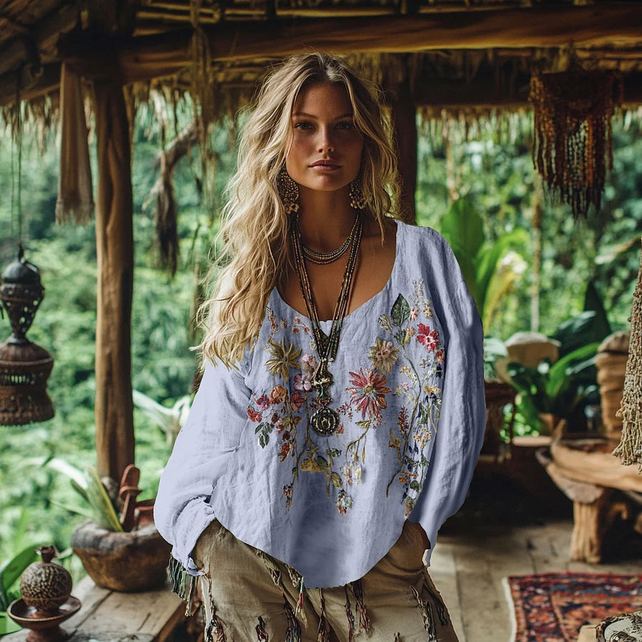 Cardydony Retro Bohemian Floral Embroidery Art Graphics Cotton And Linen Blend Loose Blouse