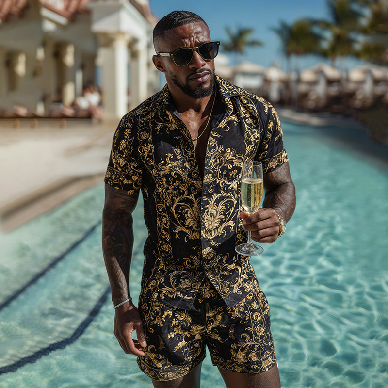 Cardydony Men's Fashion Baroque Pattern Cuban Shirt And Shorts Two-piece Set