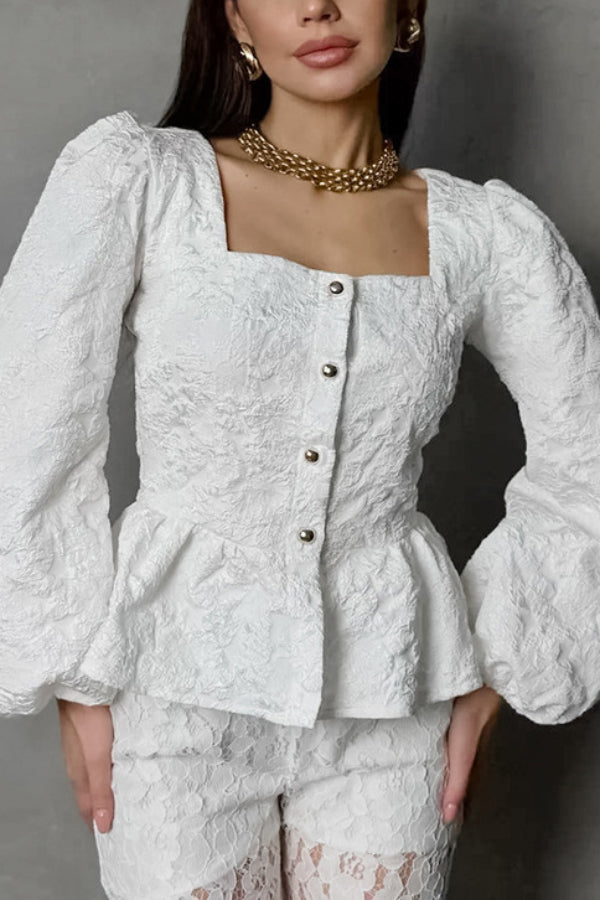 Cardydony Women's  Solid Color Jacquard Square Neck Puff Sleeve Elegant Button Top