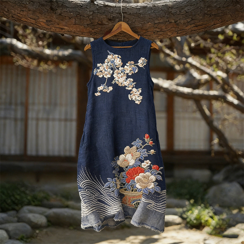 Cardydony Japanese Traditional Floral Art Flowy Linen Tank Dress