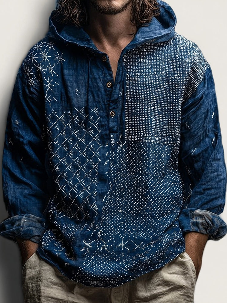 Cardydony Men's Vintage Japanese Traditional Sashiko Art Linen Hooded Shirt