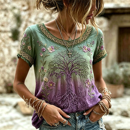 Cardydony Women's Vintage Bohemian Viking Style Round Neck Top With Embroidered Tree Of Life And Floral Print.