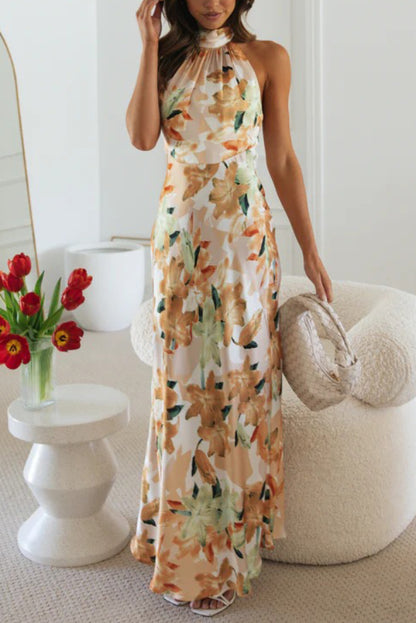 Cardydony Women's Floral Print Sleeveless Halter Neck Tie Holiday Maxi Dress