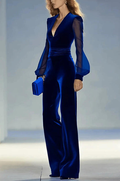 Cardydony Women's Solid Color Velvet V-neck Long-sleeved Elegant Fitted Jumpsuit