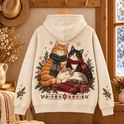 Cardydony Women's Christmas Cozy Cats With Scarves Graphic Fleece Hoodie