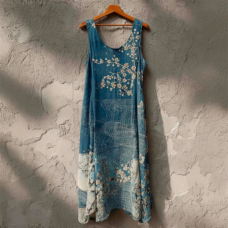 Cardydony Almond Blossom Sea Waves Japanese Art Linen Tank Dress