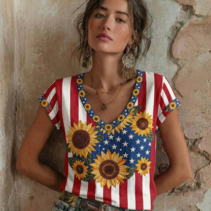 Cardydony Women's Retro Flag Sunflower Art Pattern V-neck Short Sleeve T-shirt