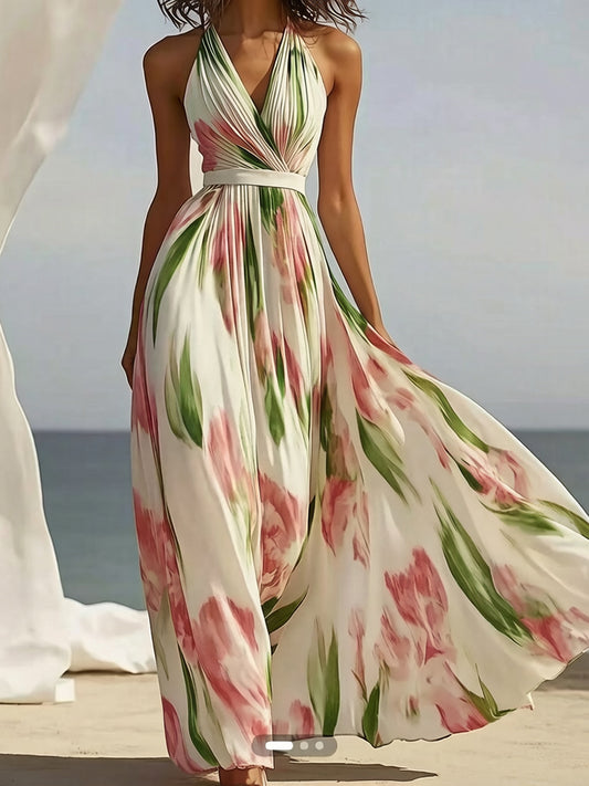 Cardydony Resort Style V-neck Printed Suspender Maxi Dress