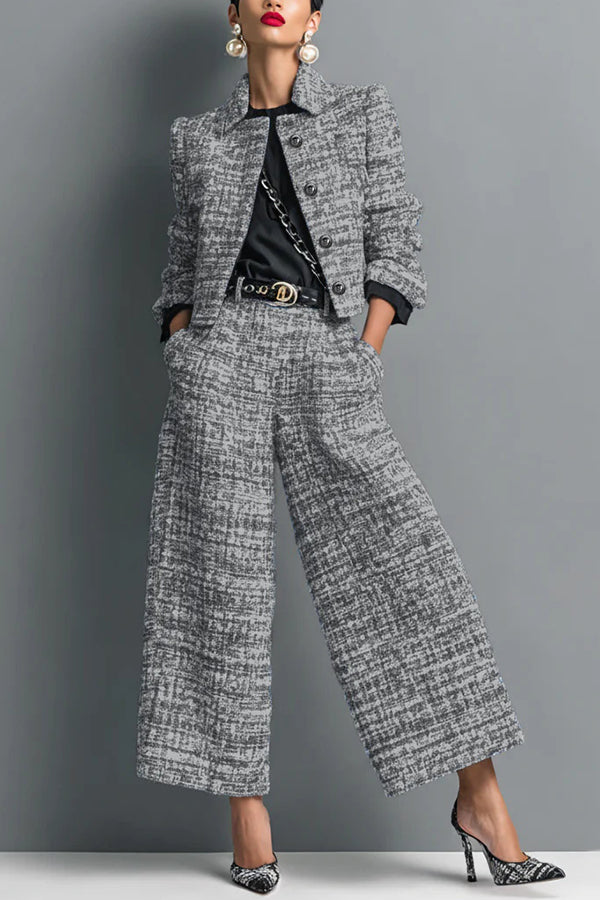 Cardydony Women's Stylish Long-sleeved Single-breasted Short Jacket and Casual Pocket Wide-leg Pants Sets