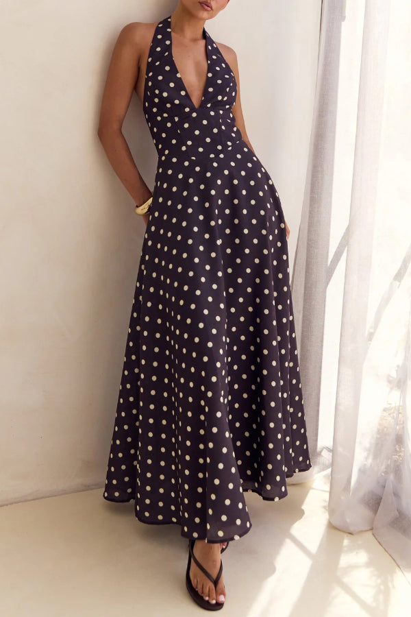 Cardydony Women's Floral Print V-neck Backless Tie-up Fitted Waist Elegant Maxi Dress