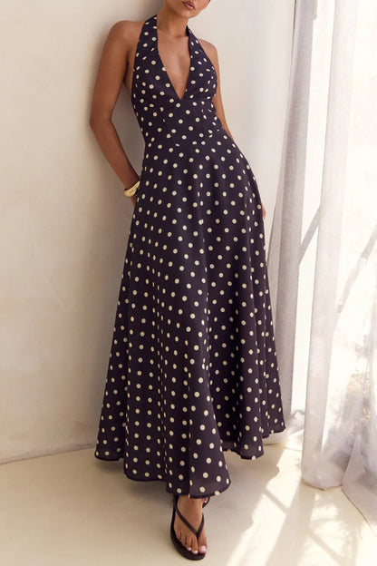 Cardydony Women's Floral Print V-neck Backless Tie-up Fitted Waist Elegant Maxi Dress