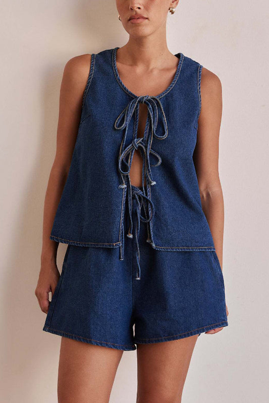 Cardydony Women's  Stylish Sleeveless Round Neck Tie-up Casual Denim Vest